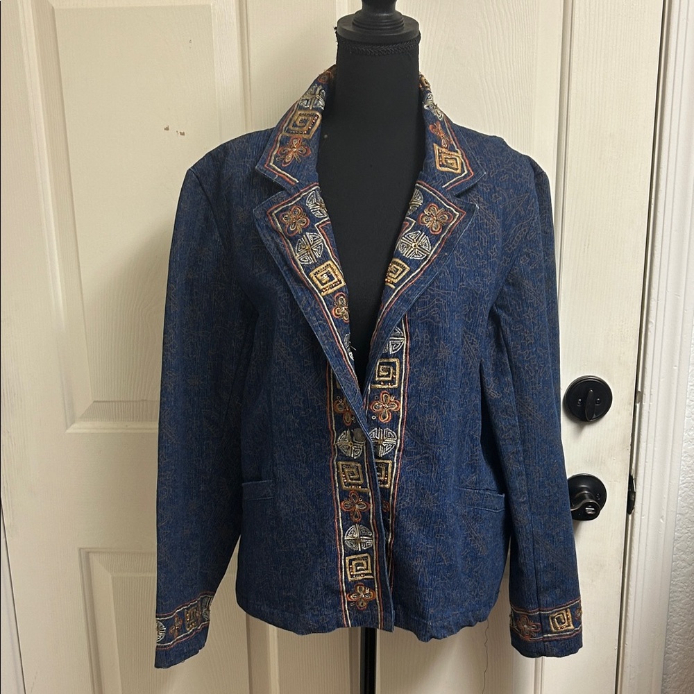Alex Kim Vintage Petite Large PL Blue Embroidered Denim Jacket Blazer, EUC